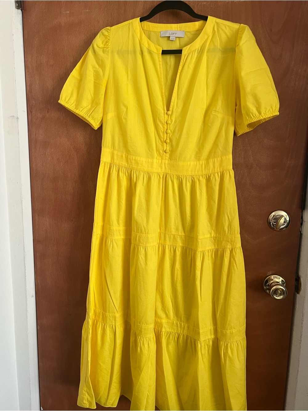 LOFT Bright Yellow Tiered V-Neck Midi Dress